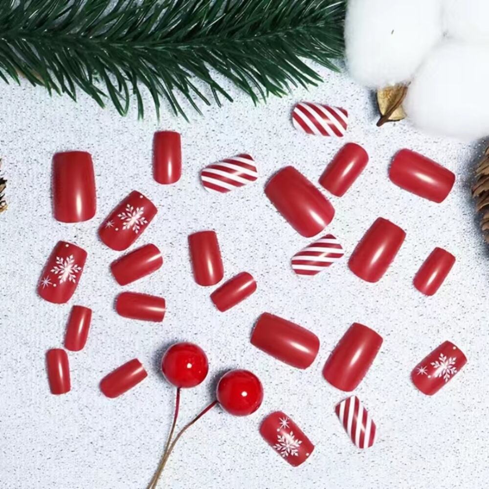 Holiday Square Press On Nails 25 pc Set Festive Christmas Medium Length w/ Glue - Picture 3 of 4